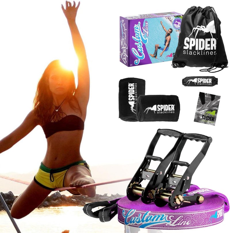 Spider Slacklines - Custom Slackline Kit for Experienced or First-time slackliners with Balancing - Complete Set of Webbing Length 35m with 2X Ratchets - Image 2